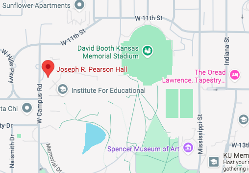 A map of Lawrence, KS with Joseph R. Pearson Hall marked in the center