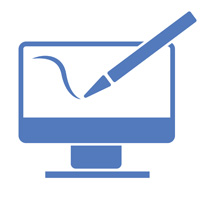 A blue computer with a blue stylus drawing on it