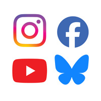 Instagram, Facebook, YouTube, and Bluesky icons