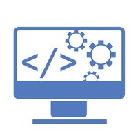 A computer monitor with html code and gears on screen